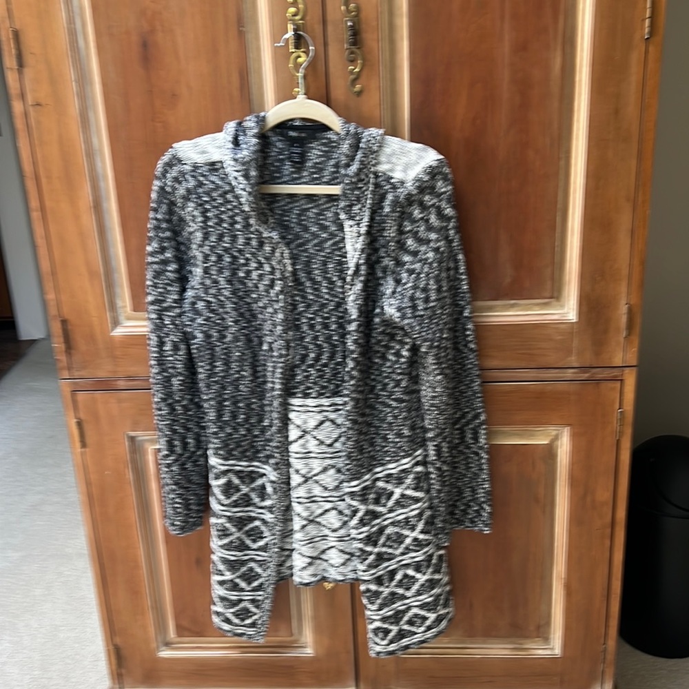 Black white and grey long cardigan with hood